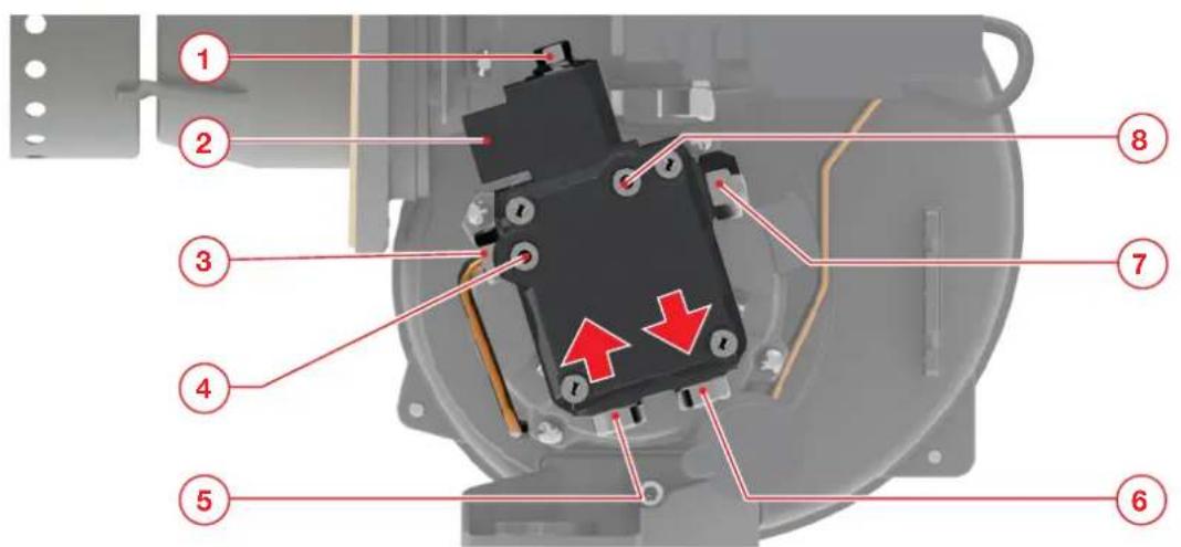 Labeled diagram of an electrical component with numbered parts and red directional arrows indicating motion or flow.