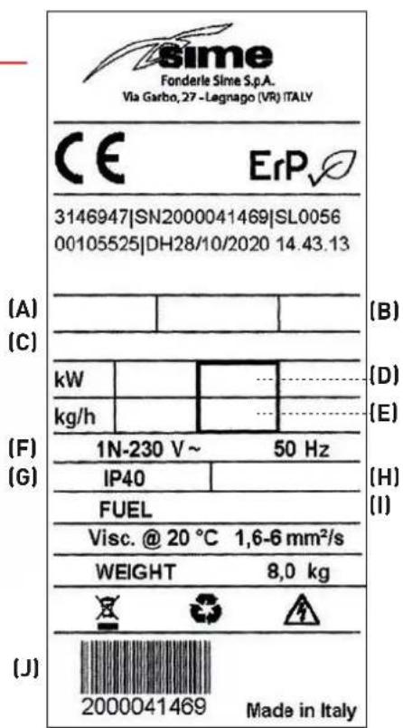 Fonderle Slme S.p.A. Via Garbo, 27 -Lagnago (VR) ITALY CE ErP 3146947|SN2000041469|SL0056 00105525|DH28/10/2020 14.43.13 (A) (C) kW kg/h (F) (G) 1N-230 V~ 50 Hz IP40 FUEL Visc. @ 20 °C 1,6-6 mm²/s WEIGHT 8,0 kg (J) 2000041469 Made in Italy