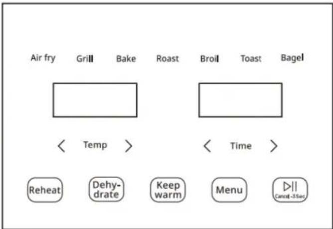 Air fry Grill Bake Roast Broil Toast Bagel < Temp > < Time > Reheat Dehydrate Keep warm Menu Cancel-35sec