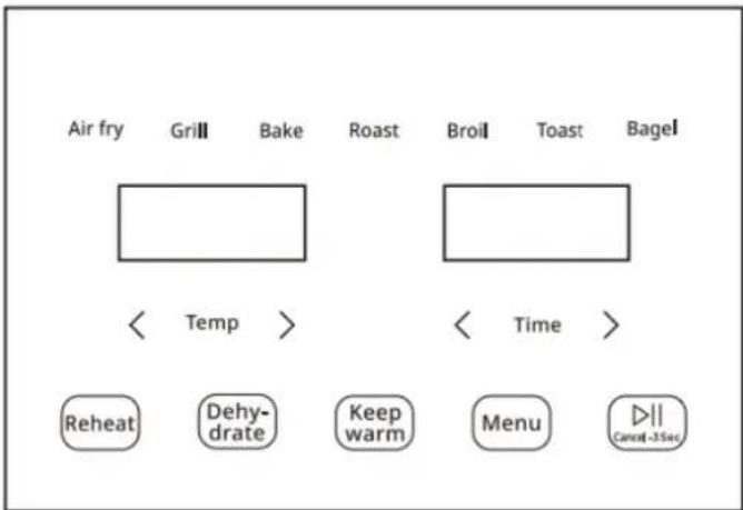 Air fry Grill Bake Roast Broil Toast Bagel < Temp > < Time > Reheat Dehydrate Keep warm Menu Cancel -35sec