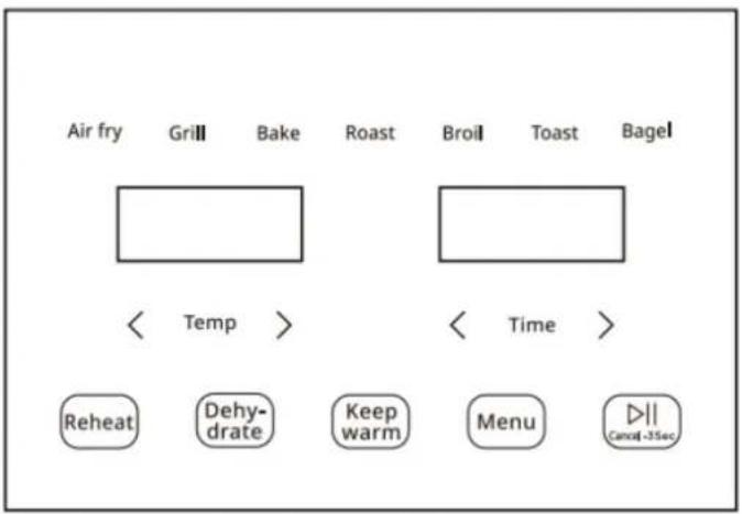Air fry Grill Bake Roast Broil Toast Bagel < Temp > < Time > Reheat Dehydrate Keep warm Menu Cancel-35sec