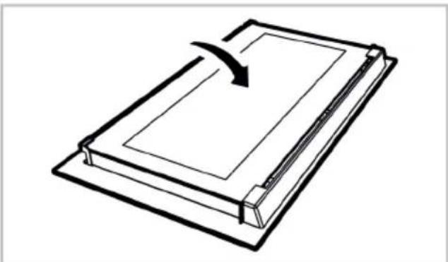 Simple line drawing of a rectangular object with a curved arrow indicating rotation or movement (no text or symbols).