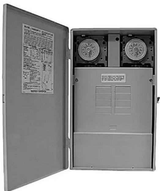 Open electrical enclosure with warning label and printed specifications on the door panel