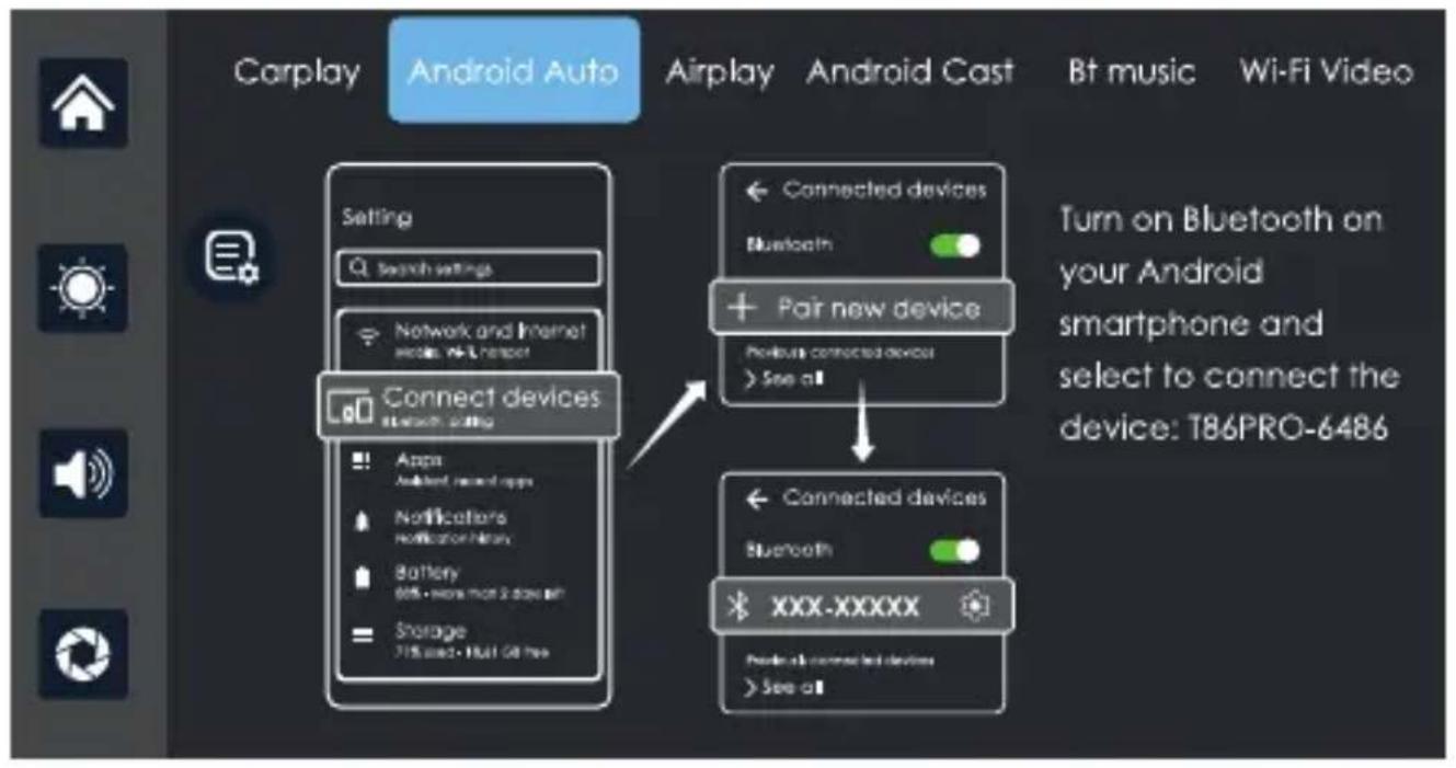 Carplay Android Auto Airplay Android Cast Bt music Wi-Fi Video Setting Search settings Network and Internet home, Wi-Fi sensor Connect devices Bluetooth setting Apps Android record apps Notifications Notification history Battery 65% - more than 2 days off Storage 71% used - Full Oil free Connected devices Bluetooth + Pair new device Bluetooth connected devices > See all Connected devices Bluetooth * XXX-XXXXX Product all connected devices > See all Turn on Bluetooth on your Android smartphone and select to connect the device: T86PRO-6486