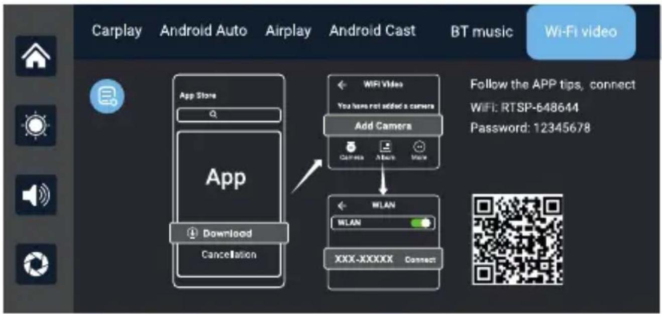 Carplay Android Auto Airplay Android Cast BT music Wi-Fi video App Store App Download Cancellation WiFi Video You have not added a camera Add Camera CAMERA ABC Make WLAN WLAN XXX-XXXXX Connect Follow the APP tips, connect WiFi: RTSP-648644 Password: 12345678