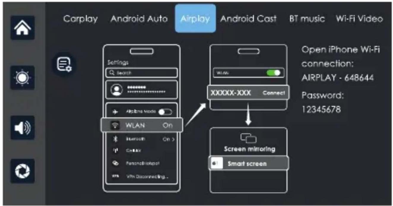 Carplay Android Auto Airplay Android Cast BT music Wi-Fi Video Open iPhone Wi-Fi connection: AIRPLAY - 648644 Password: 12345678 Settings Search XXXXX-XXX Connect WLAN On Bluetooth On > Carlay Personal Hotspot VPN Disconnecting... Screen mirroring Smart screen