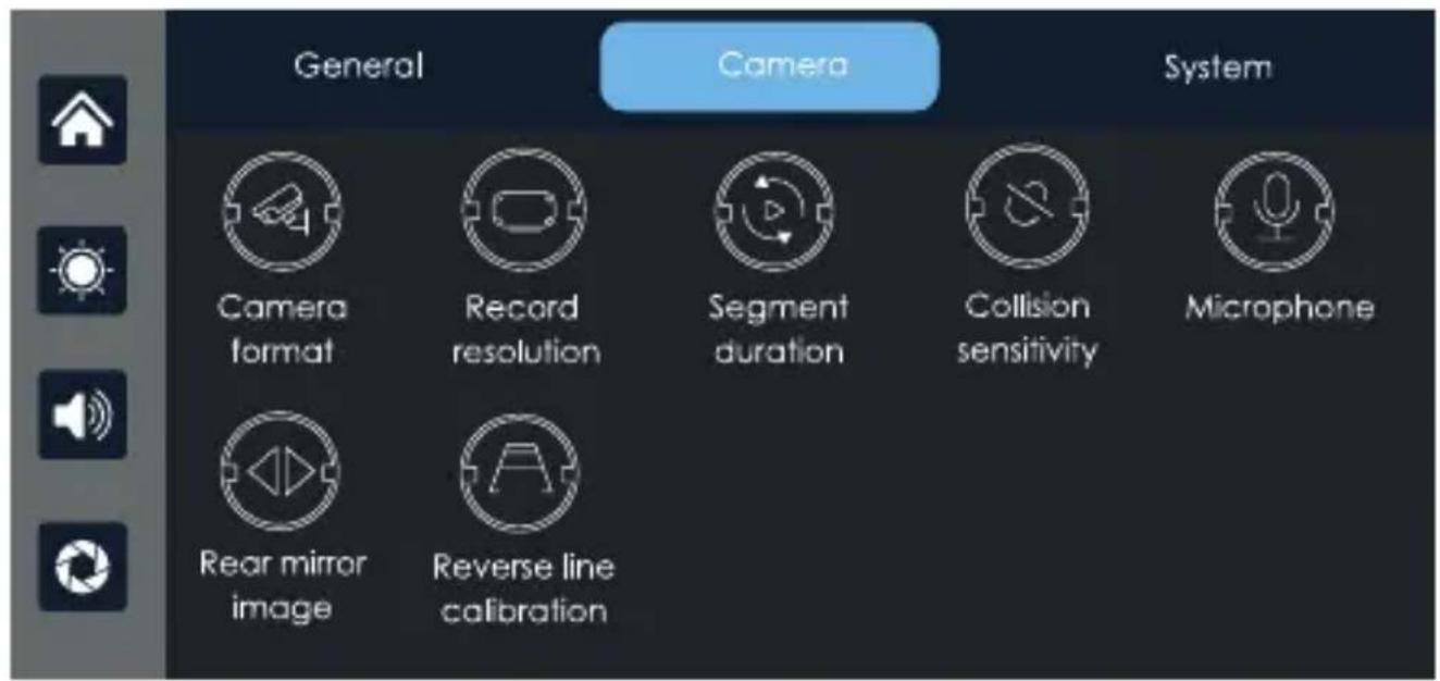 General Camera System Camera format Record resolution Segment duration Collision sensitivity Microphone Rear mirror image Reverse line calibration