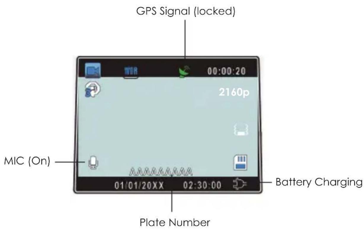 GPS Signal (locked) 2160p MIC (On) 01/01/20XX 02:30:00 Battery Charging Plate Number