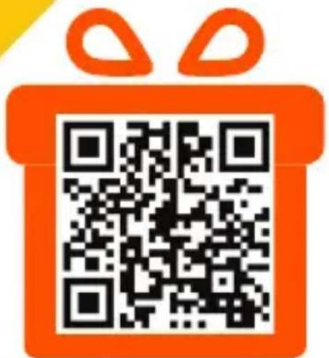 QR code with orange gift box icon and yellow corner, likely for digital scanning or payment