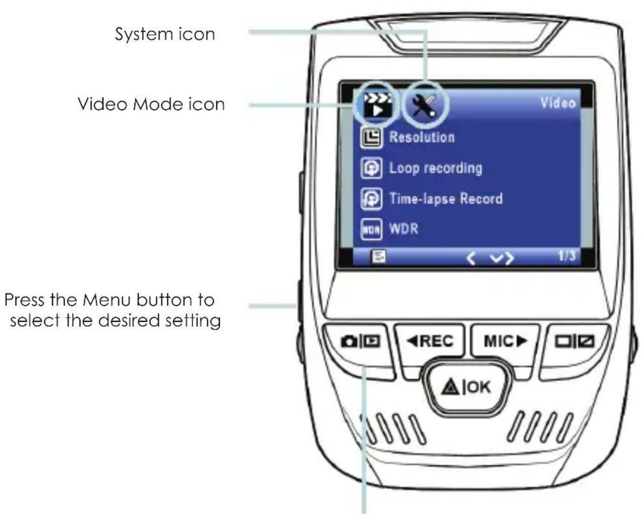 System icon Video Mode icon Press the Menu button to select the desired setting Video Resolution Loop recording Time-lapse Record WDR 1/3