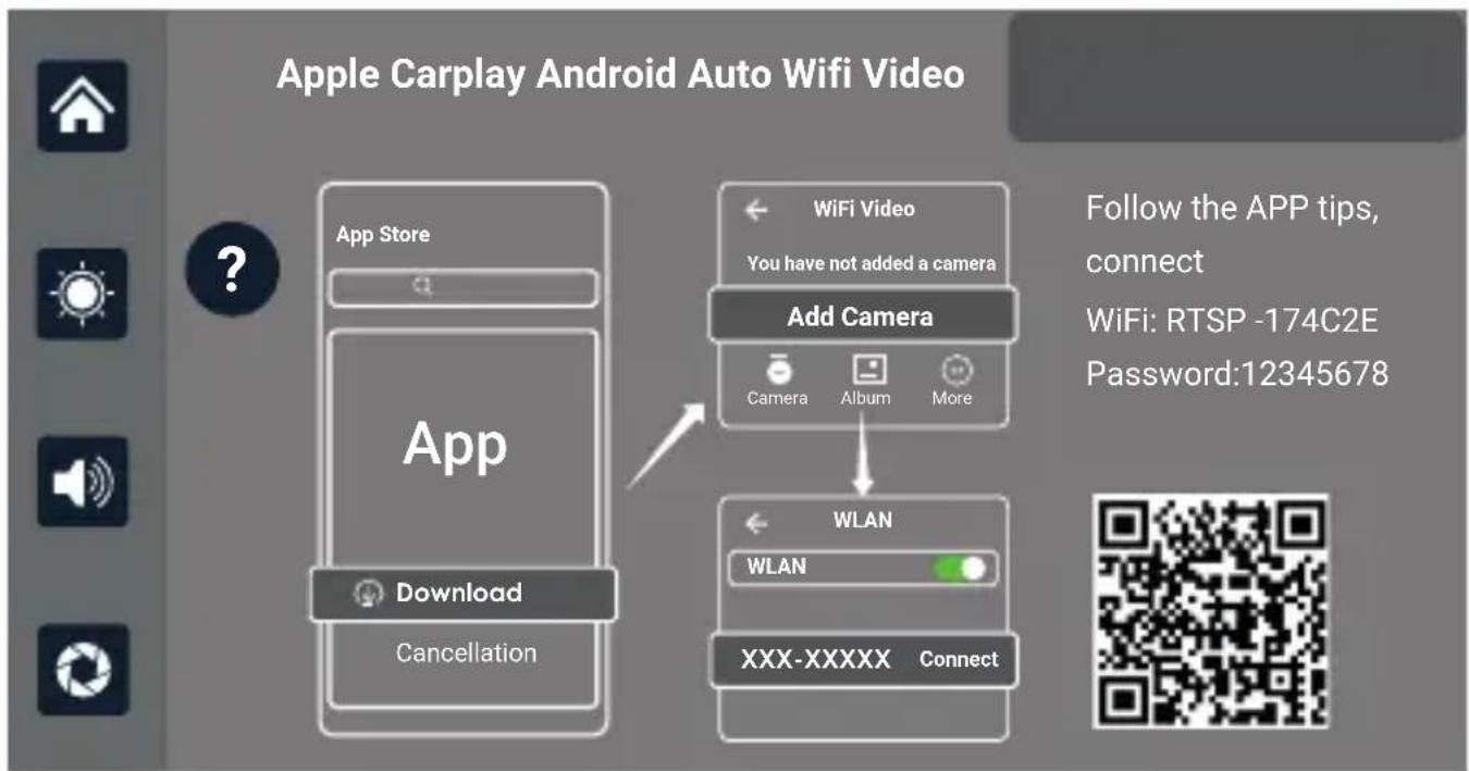 Apple Carplay Android Auto Wifi Video App Store App Download Cancellation WiFi Video You have not added a camera Add Camera Camera Album More WLAN WLAN XXX-XXXX Connect Follow the APP tips, connect WiFi: RTSP -174C2E Password:12345678