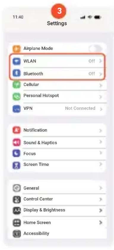 11:40 Settings Airplane Mode WLAN Off > Bluetooth Off > Cellular > Personal Hotspot > VPN Not Connected > Notification > Sound & Haptics > Focus > Screen Time > General > Control Center > Display & Brightness > Home Screen > Accessibility