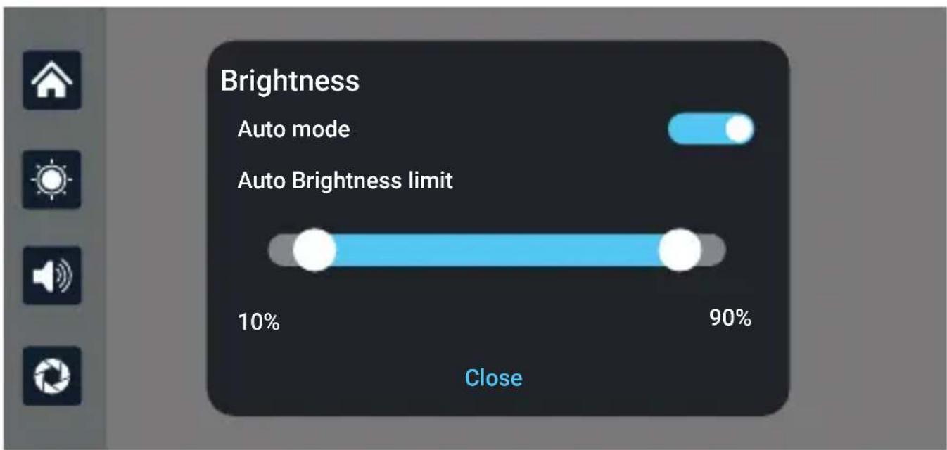 Brightness Auto mode Auto Brightness limit 10% 90% Close