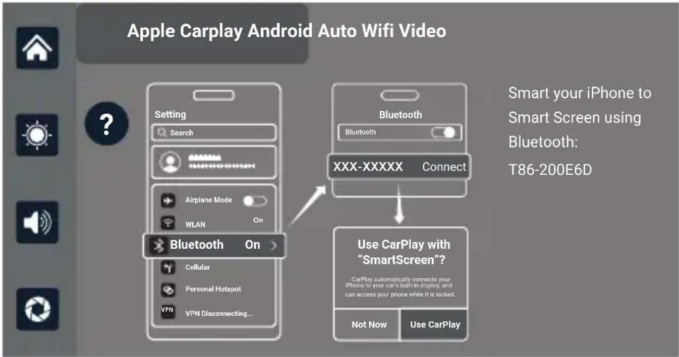 Apple Carplay Android Auto Wifi Video Setting Search Airplane Mode WLAN On Bluetooth On Cellular Personal Hotspot VPN Disconnecting... Bluetooth Bluetooth XXX-XXXX Connect Use CarPlay with "SmartScreen"? CarPlay automatically connects your iPhone to your car's built-in display, and can access your phone while it is locked. Not Now Use CarPlay Smart your iPhone to Smart Screen using Bluetooth: T86-200E6D