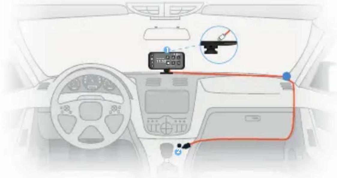 Diagram of a car dashboard with navigation controls and a red route map, showing a speedometer at 11:10.