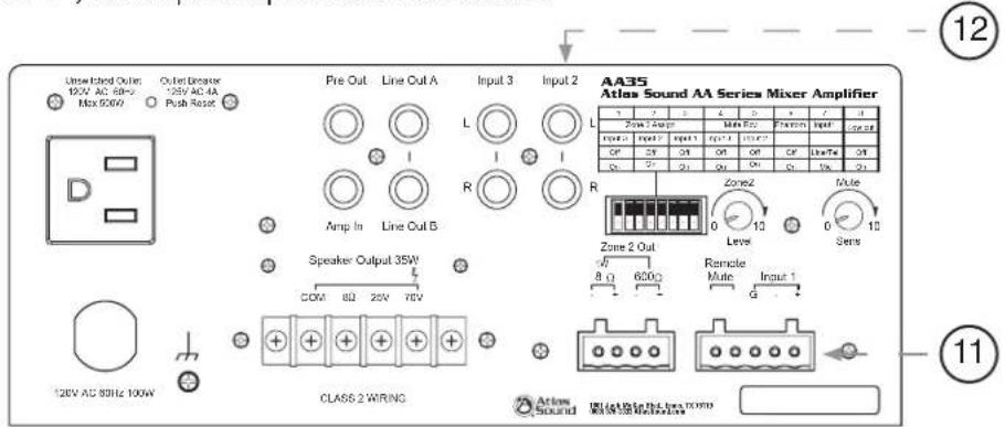 Unread Extended Outlet 10kV AC 5kHz Max 500V Output Breaker *25V AC 4A Push Reset Pre Out Line Out A Input 3 Input 2 AA35 Atlas Sound AA Series Mixer Amplifier Zone 2 Output Input 1 Input 2 Input 3 Line Out B Line Out C Line Out D Line Out E Line Out F Line Out G Line Out H Line Out I Line Out J Line Out K Line Out L Line Out M Line Out N Line Out O Line Out P Line Out Q Line Out R Line Out S Line Out T Line Out U Line Out V Line Out W Line Out X Line Out Y Line Out Z Line Out AA Speaker Output 35W COM 8Ω 25V 70V Class 2 WIRING Area Sound 12V AC 80Hz 100W 11 12 11