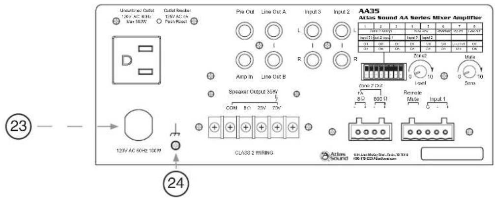Unwired-out Outlet 120V AC 80Hz Max 500V Cutoff Breaker 120V AC 60Hz Pass Roast Pre Out Line Out A Input 3 Input 2 AA35 Atlas Sound AA Series Mixer Amplifier 1 2 3 4 5 6 7 8 Zone 2 500V 90Hz 90V 2000W Pin 21 16V 2 spA Input 5 Pin 2 Pin 1 Pin 3 Pin 2 Pin 1 Pin 3 Pin 2 Pin 1 R Line Out B L R Line Out A Line Out B Spikeer Output 30W COM 80 25V 70V CLASS 2 WIRING Area Sound Sim Jacc Nobby Blue, Clean, TX X14 OK/TS-333 AtlasSound.com