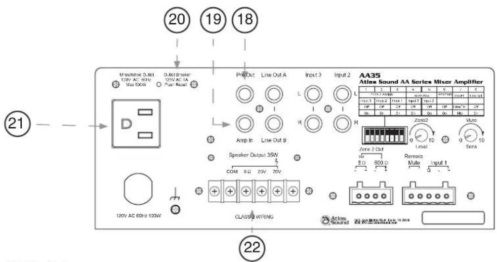 20 19 18 Unswitched Qubit 120V AC 90Hz Max 500V Qubit Breaker 120V AC 1A Pure Read 21 Pre-Out Line Out A Input 3 Input 2 L L L Amp In Line Out 8 Speaker Output 35W COM 8Ω 20V 70V CLASS 2 WIRING 22 AA35 Atlas Sound AA Series Mixer Amplifier 1 2 3 4 5 6 7 8 Zones 2 Alpha Output 3 Alpha 2 Alpha Input 3 Input 2 Input 1 Input 0 Input 0 On On On On On On On On On On On Zone 2 Out Level Remote Mute Input 1 8Ω 800 Ω 3 - Atlas Sound R: 1.0.0.0.0.0.0.0.0.0.0.0.0.0.0.0.0.0.0.0.0.0.0.0.0.0.0.0.0.0.0.0.0.0.0.0.0.0.0.0.0.0.0.0.0.0.0.0.0.0.0.1 22