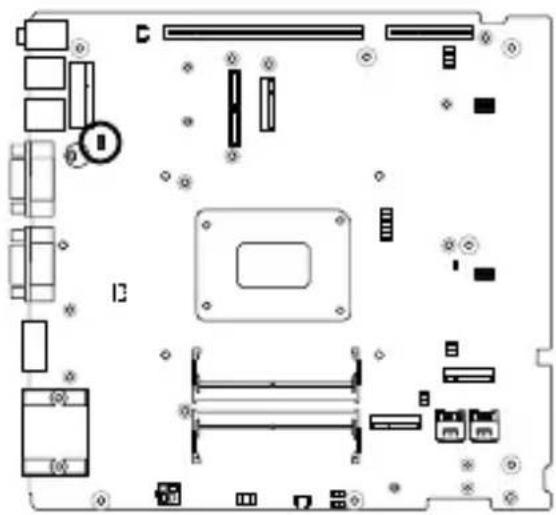 Top-down schematic of a computer motherboard showing CPU socket, RAM slots, and various components (no text or labels)