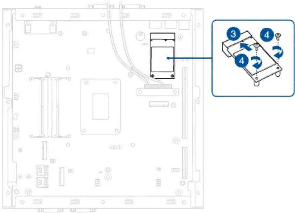 Technical diagram of a computer motherboard with labeled components and a zoomed-in view showing internal structure and directional arrows.