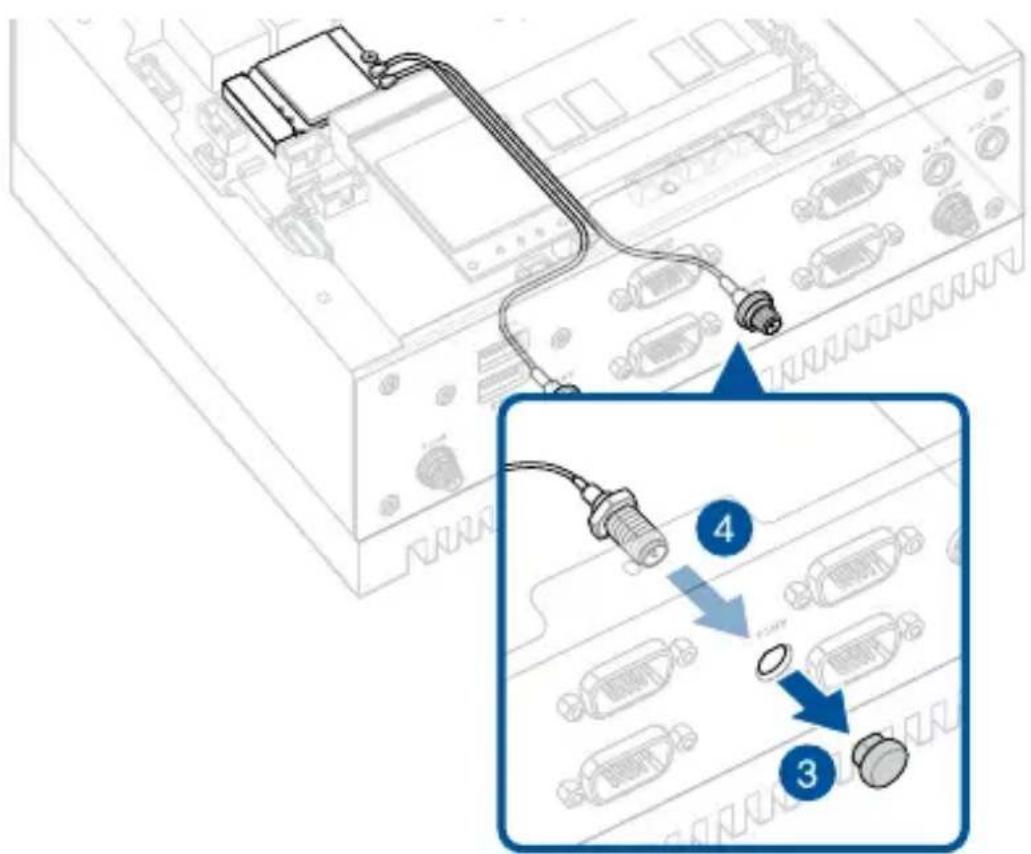 Diagram showing cable connection to a computer interface with labeled components and steps 3 and 4