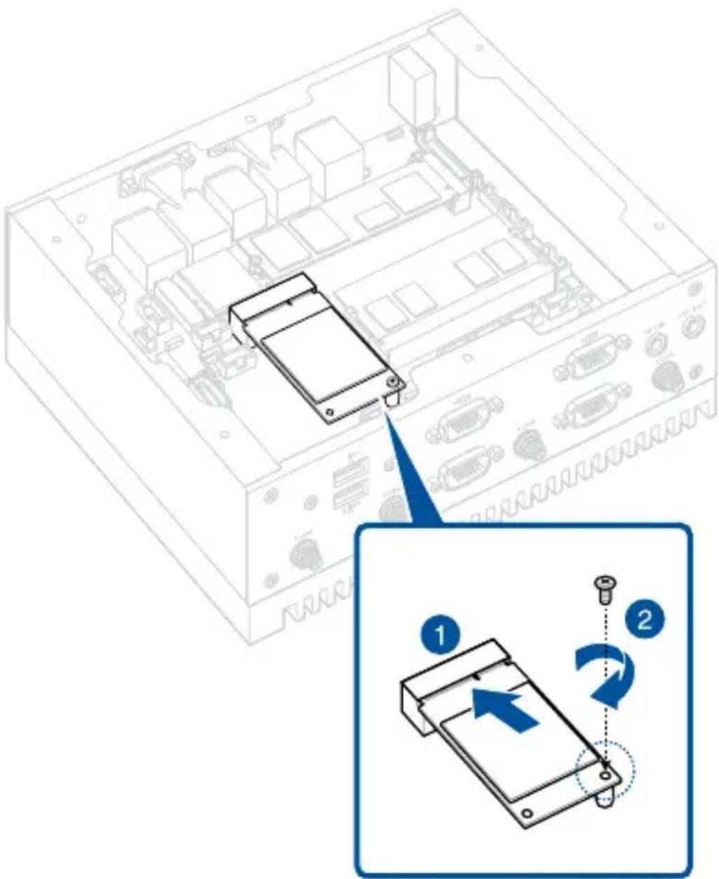 Technical diagram showing a device with labeled components and a zoomed-in view highlighting a specific component with blue arrows indicating rotation.