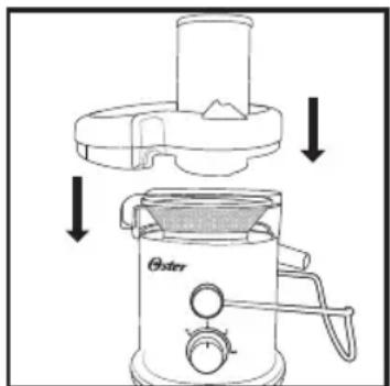 Diagram showing a food grimmer with a side panel and a brand Oster machine, illustrating the process of cutting or cleaning.