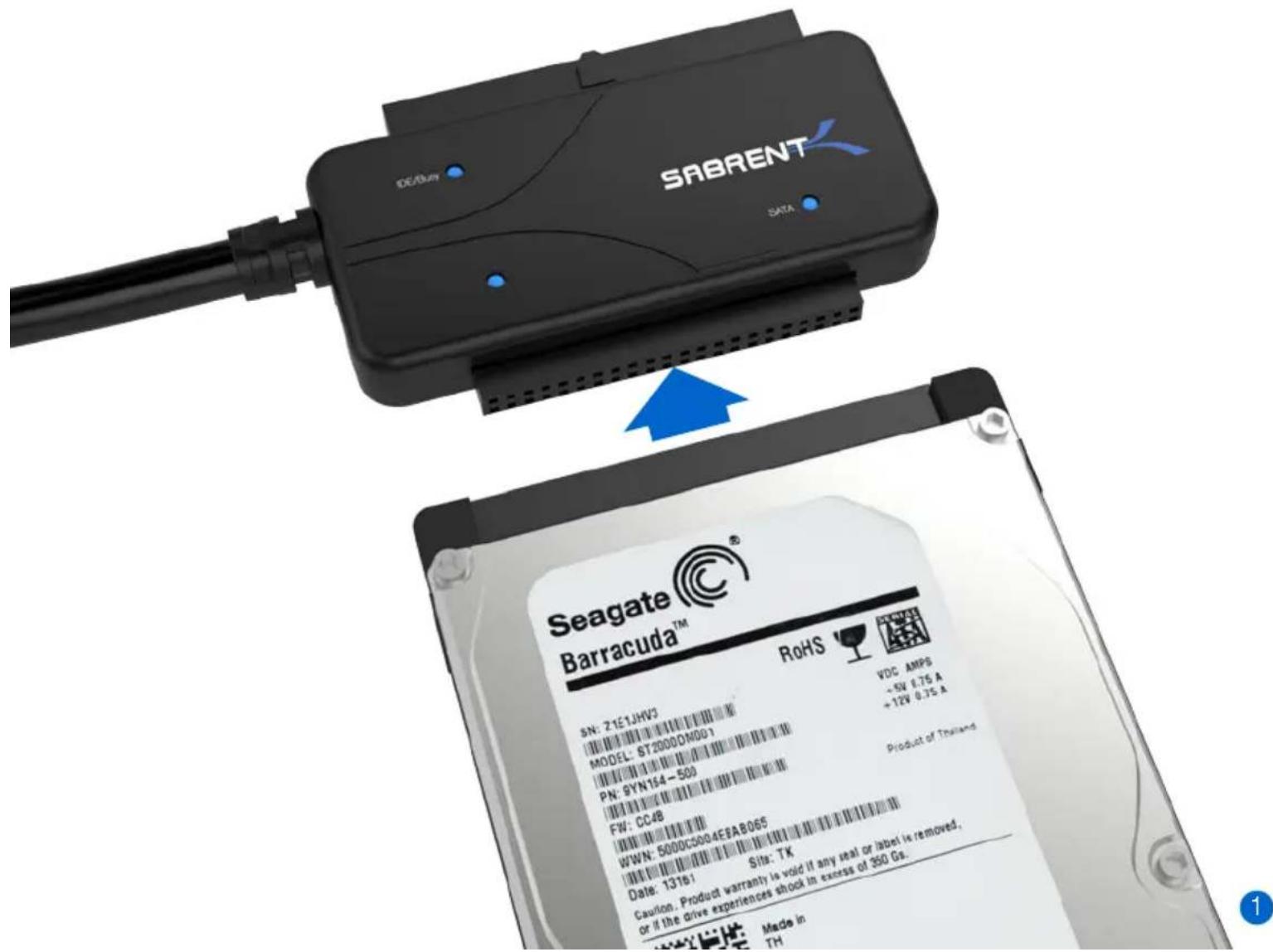 SABRENT IDE/Duty SARA Seagate Barracuda™ RoHS SN: 21E1JHV3 MODEL: ST2000/MDG1 PN: 9YN164-500 FW: CC/8 WWW: 5000C0004E9AB065 Data: 13161 Sits: TK Caution, Product warranty is void if any seal or label is removed, or if the drive experiences shock in excess of 350 Gs. Made in TH VDC AMPS -5V 0.75 A +12V 0.75 A Product of Thailand