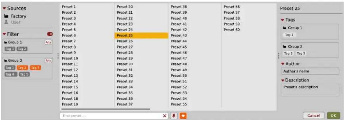 Sources Factory User Filter Group 1 Any Tag 1 Tag 2 Group 2 Any Tag 1 Tag 2 Tag 3 Tag 4 Tag 5 Preset 1 Preset 20 Preset 38 Preset 56 Preset 2 Preset 21 Preset 39 Preset 57 Preset 3 Preset 22 Preset 40 Preset 58 Preset 4 Preset 23 Preset 41 Preset 59 Preset 5 Preset 24 Preset 42 Preset 60 Preset 6 Preset 25 Preset 43 Preset 7 Preset 26 Preset 44 Preset 8 Preset 27 Preset 45 Preset 9 Preset 28 Preset 46 Preset 10 Preset 29 Preset 47 Preset 11 Preset 30 Preset 48 Preset 12 Preset 31 Preset 49 Preset 13 Preset 32 Preset 50 Preset 14 Preset 33 Preset 51 Preset 15 Preset 34 Preset 52 Preset 16 Preset 35 Preset 53 Preset 18 Preset 36 Preset 54 Preset 19 Preset 37 Preset 55 Find preset ... Cancel OK Author Author's name Description Preset's description