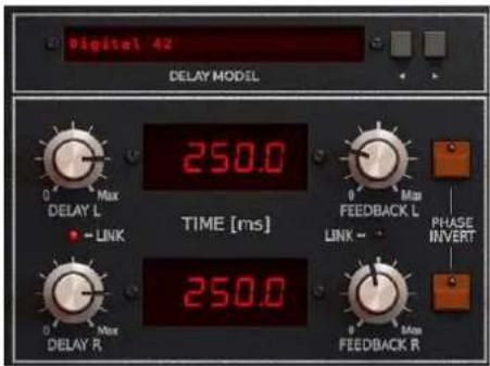 Digital 42 DELAY MODEL 250.0 TIME [ms] 250.0 0 Max DELAY L - LINK 0 Max DELAY R 0 Max FEEDBACK L LINK - PHASE INVERT 0 Max FEEDBACK R