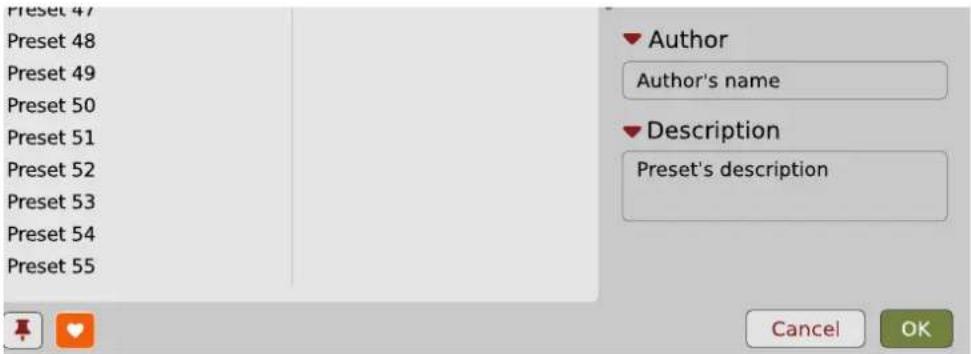 Preset 47 Preset 48 Preset 49 Preset 50 Preset 51 Preset 52 Preset 53 Preset 54 Preset 55 Author Author's name Description Preset's description Cancel OK
