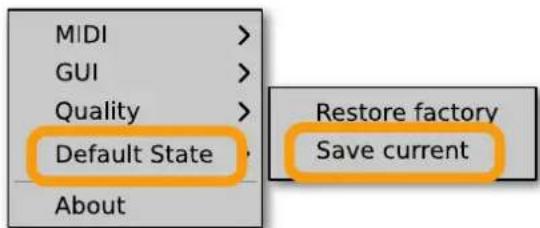 MIDI > GUI > Quality > Default State About Restore factory Save current