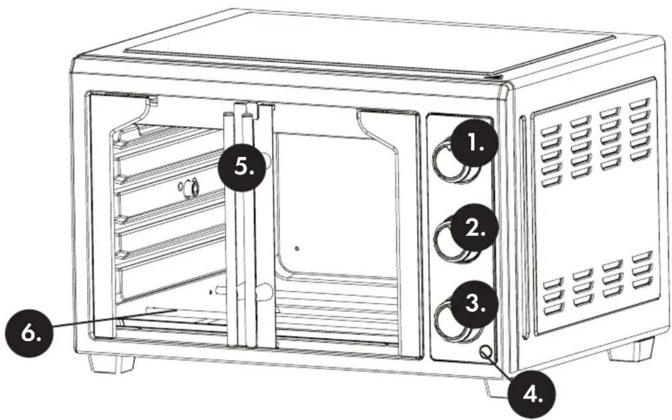 Line drawing of a microwave oven with numbered parts for identification