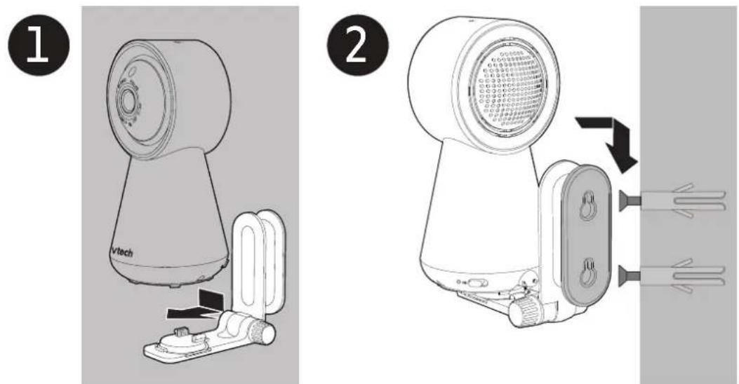 Diagram showing two views of a Vtech device with labeled parts and directional arrows indicating assembly or operation.