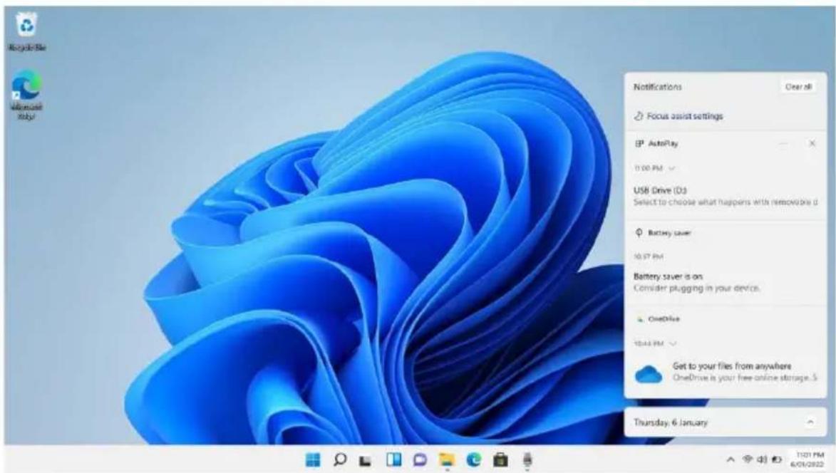 Macintosh Microsoft Help Notifications Clear all Focus assist settings EP AutoPlay 10:00 PM USB Drive (D3) Select to choose what happens with removable d Battery saver 10:07 PM Battery saver is on Consider plugging in your device. OneDrive 10:44 PM Get to your files from anywhere OneDrive is your free online storage. S Thursday, 6 January