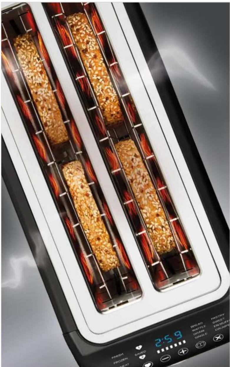 Close-up of a modern kitchen toaster with two rectangular grilles filled with sesame seeds, displayed on a digital keyboard (no text or symbols on the grates or background)