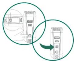 Two circular diagrams showing a device with a lock and a control panel, connected by an arrow (no text or symbols present)