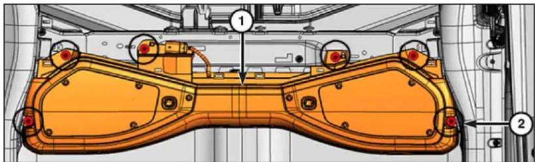 Technical diagram of an automotive body panel with numbered annotations indicating components and parts.