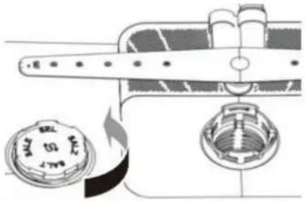 Technical diagram showing a mechanical component with labeled parts and an inset image of a circular component with 'SALO' and 'TS' labels.
