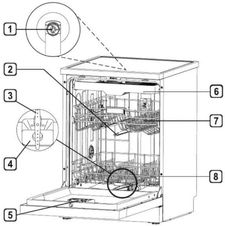 Technical diagram of an open refrigerator with numbered parts for identification and assembly reference.