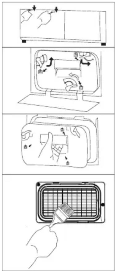Diagram illustrating appliance cleaning steps with labeled illustrations and Chinese text annotations