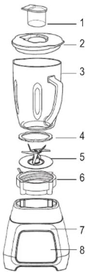 Exploded diagram of a blender with numbered parts for identification