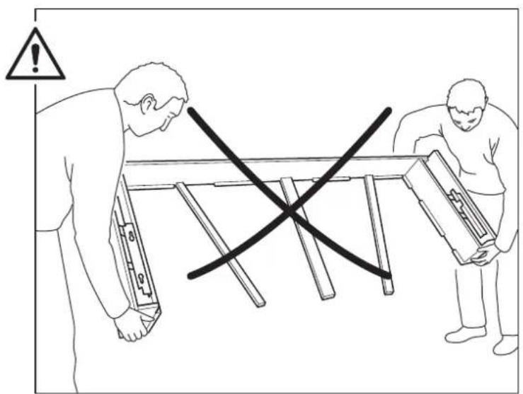 Safety warning illustration showing two workers with a tool, one holding a tool and the other inspecting equipment, with a warning symbol indicating hazard.