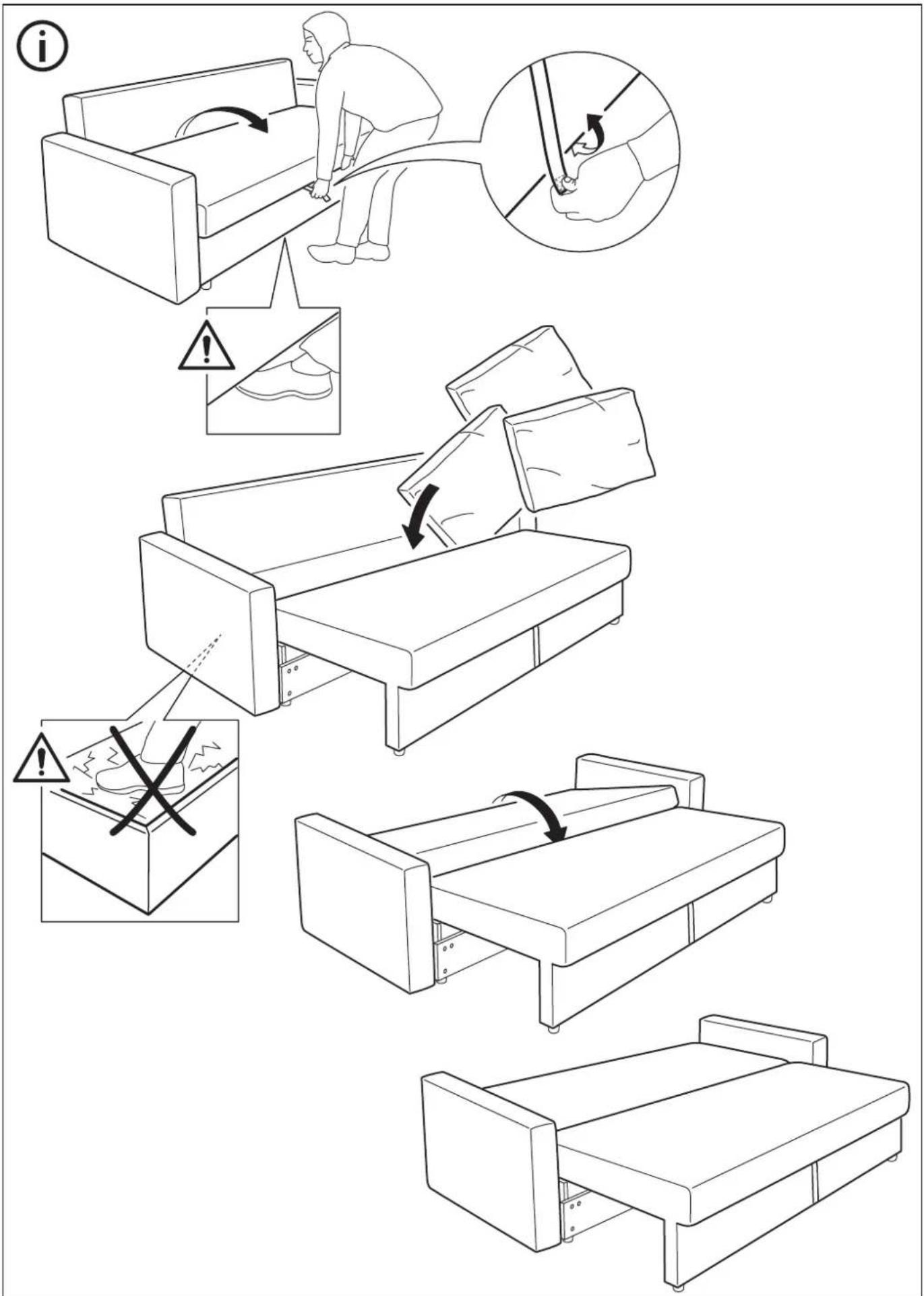 Medical procedure diagram showing steps to resolve a patient's bed, including pressure point changes and safety warning.