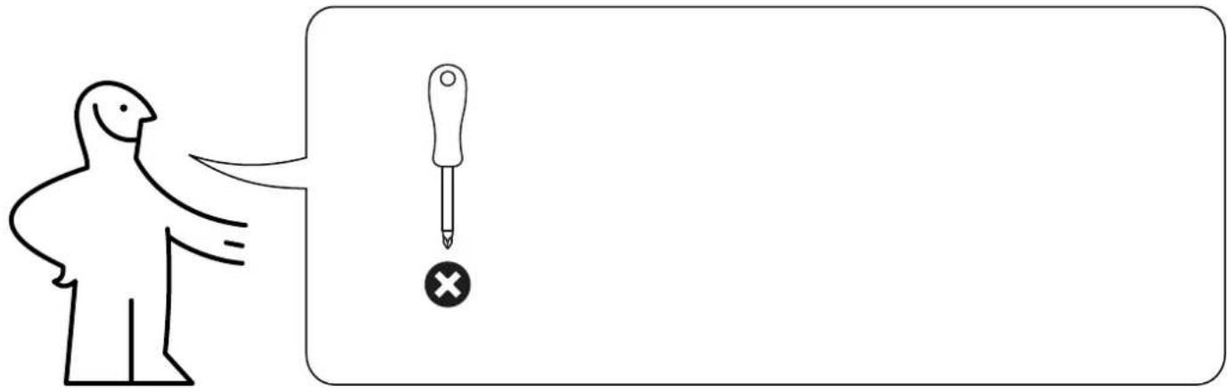 Diagram showing a person pointing at a screwdriver with an exclamation mark, likely illustrating a safety or inspection concept.