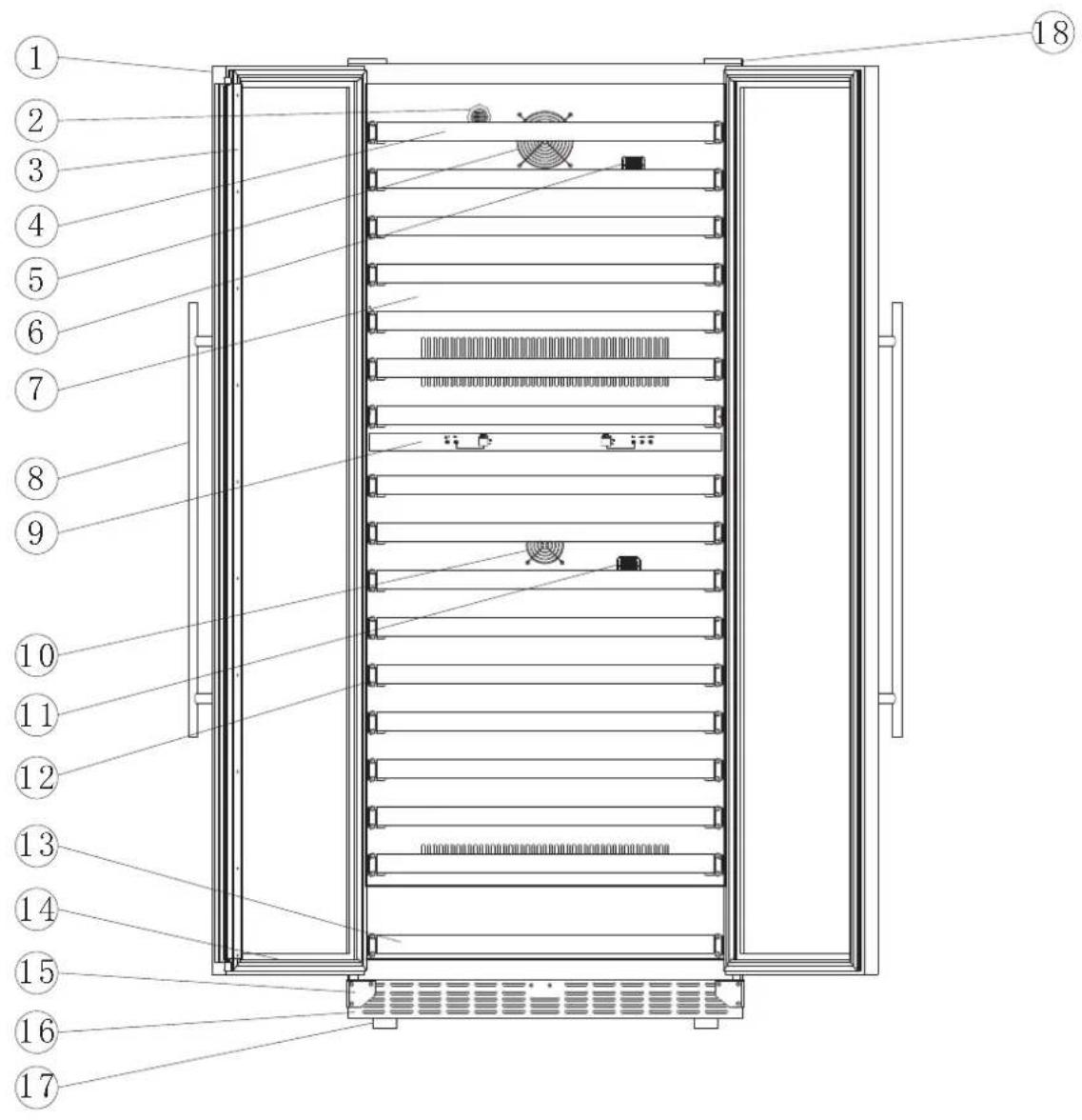 Technical diagram of a multi-chamber refrigerator with numbered labels pointing to each panel.