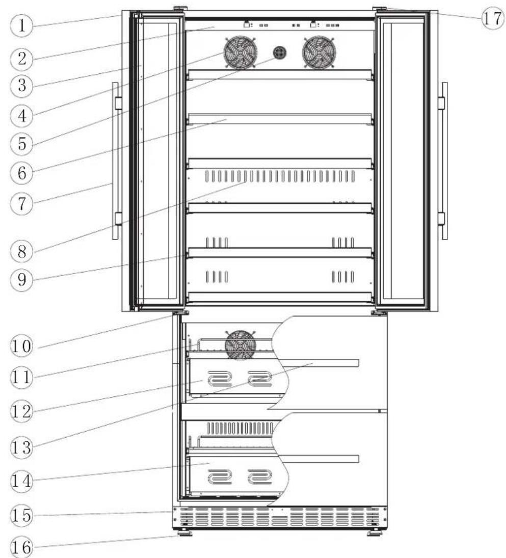 Technical diagram of a refrigerator with numbered components for identification