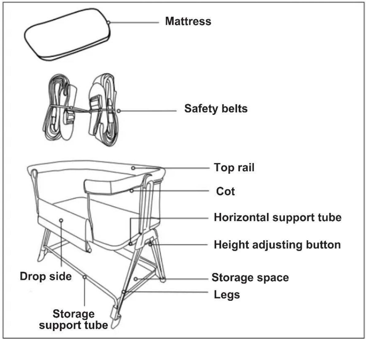 Mattress Safety belts Top rail Cot Horizontal support tube Height adjusting button Drop side Storage space Legs Storage support tube