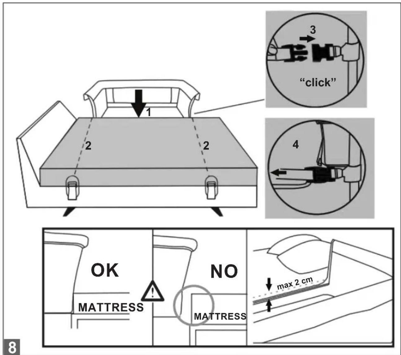 1 2 2 3 "click" 4 OK MATTRESS NO MATTRESS max 2 cm 8