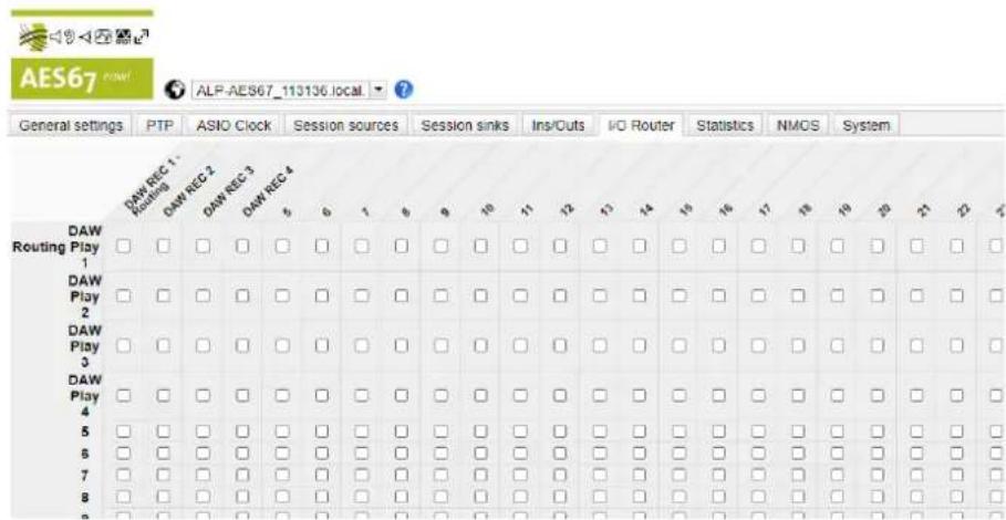 AES67 General settings PTP ASIO Clock Session sources Session sinks Ins/Outs I/O Router Statistics NMOS System DAW Routing Play 1 DAW Play 2 DAW Play 3 DAW Play 4 5 6 7 8 9 10 11 12 13 14 15 16 17 18 19 20 21 22 23